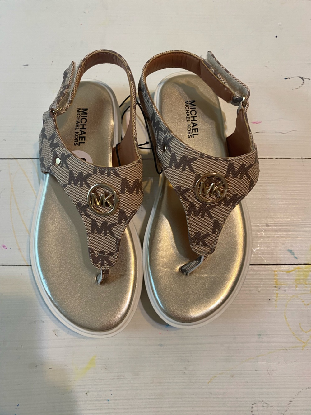 Michael Kors Beige Monogram Sandals with Gold Logo